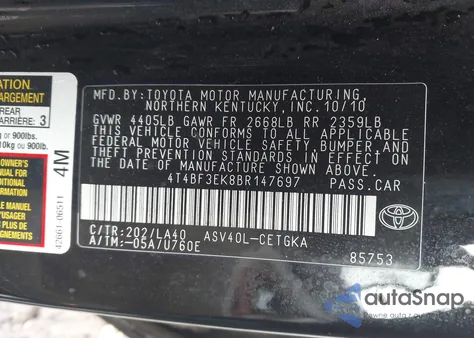 2011 Toyota Camry Xle z USA, uszkodzony, nr VIN 4T4BF3EK8BR147697